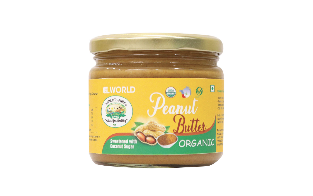 Elworld Organic Peanut Butter Sweetened with Coconut Sugar   Glass Jar  350 grams